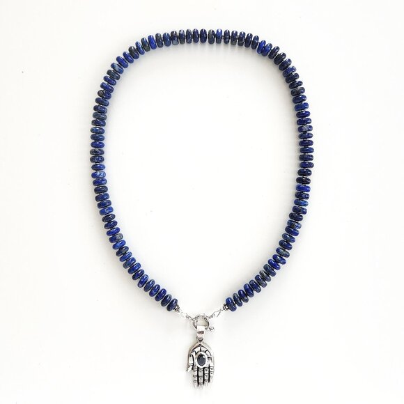 LAPIS NECKLACE W/ 925 SILVER HAND PENDANT--18" - Picture 2 of 2